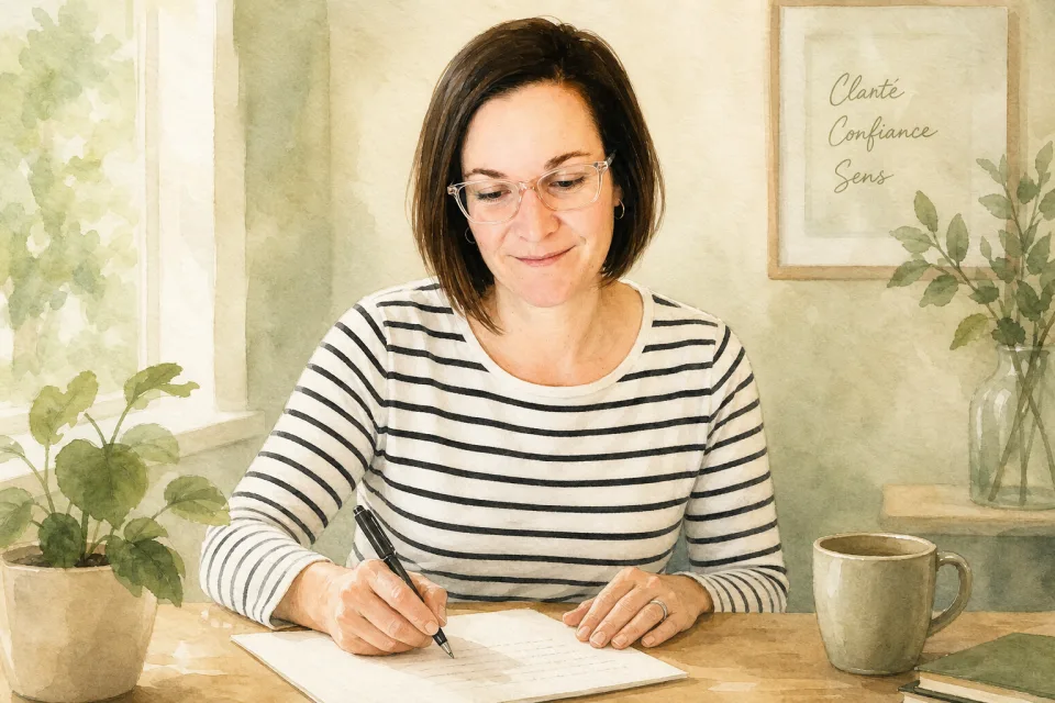 Illustration : Marie-Élaine Carrier écrivant une réponse, assise à son bureau, regard concentré et calme