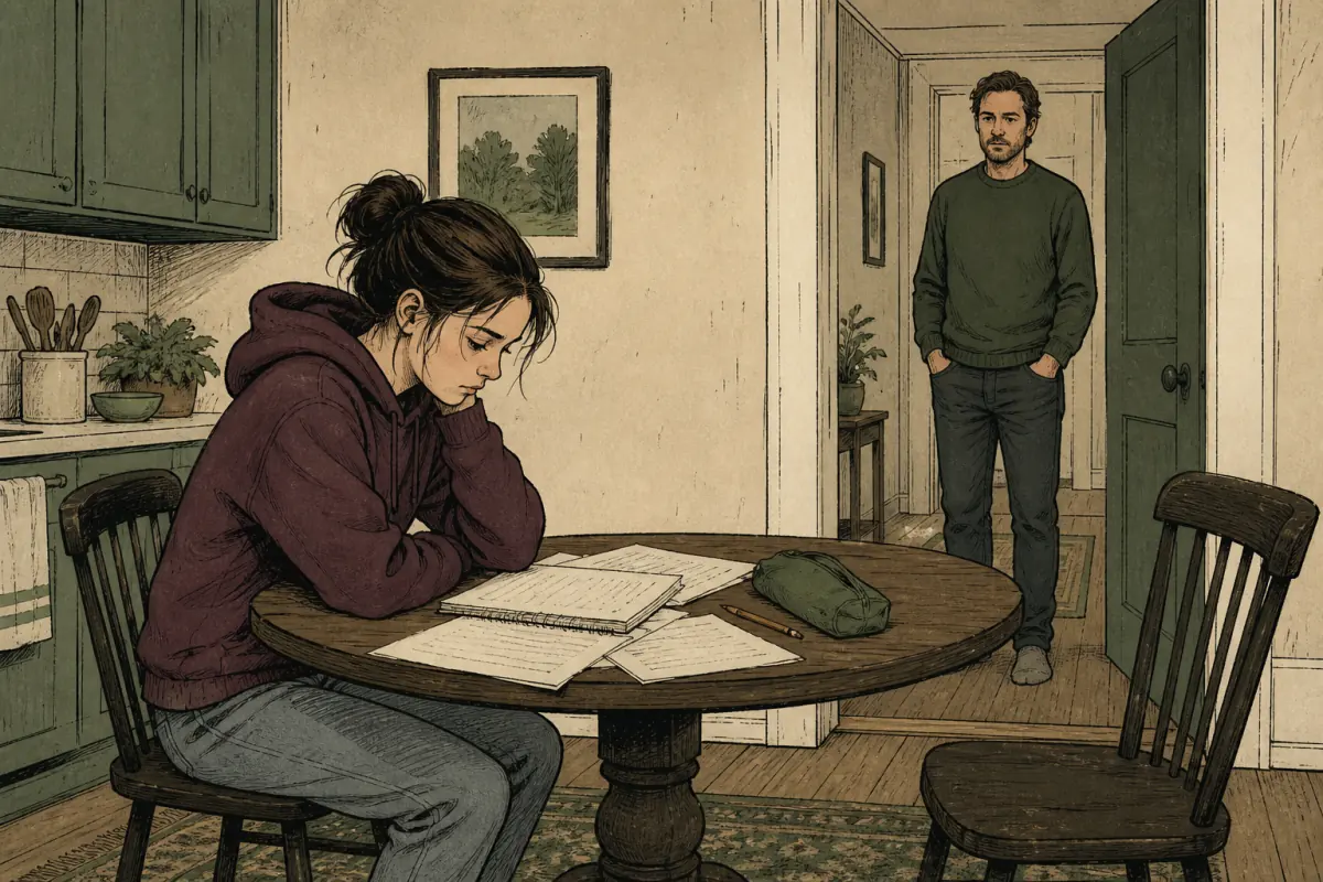 Illustration : une adolescente assise à table, regard baissé, un parent présent en arrière-plan