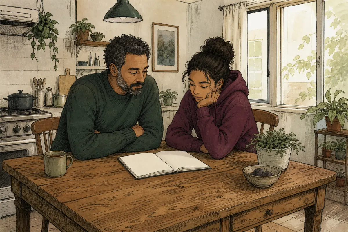 Illustration : un père et son adolescente regardent un carnet ouvert à la table de la cuisine