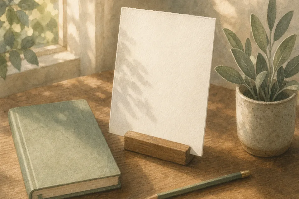 Illustration : carnet sage, feuille crème et crayon sur un bureau lumineux, repère calme pour s’orienter