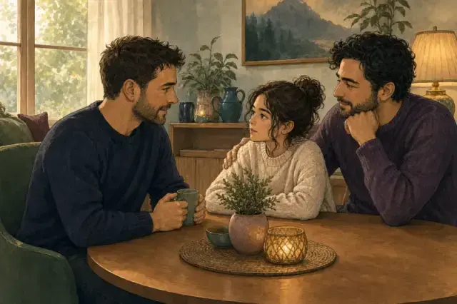 Illustration : deux papas et leur enfant autour d’une table, moment d’écoute