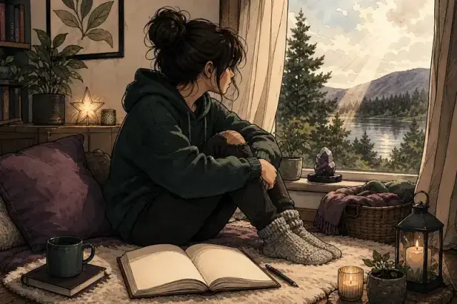 Illustration : jeune assis·e en réflexion, journal ouvert