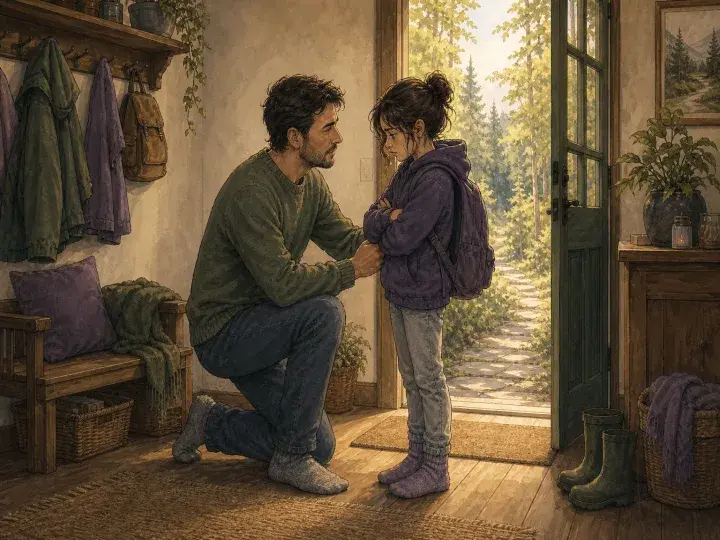Illustration : enfant avec sac à dos qui hésite à partir pour l’école, papa agenouillé près de la porte
