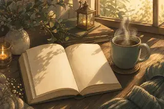 Illustration : livre ouvert et tasse de thé chaude