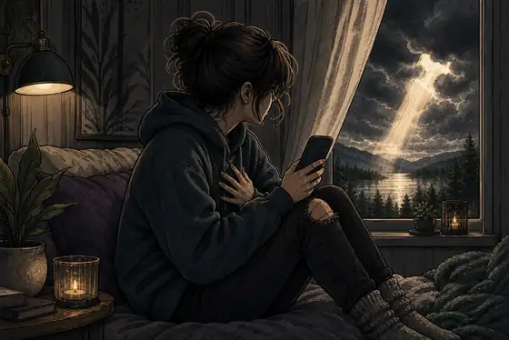 Illustration : main tenant un téléphone dans un intérieur calme, prêt à appeler à l’aide