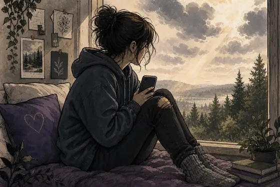 Illustration : adolescent·e pensif·ve près d’une fenêtre, moment de calme