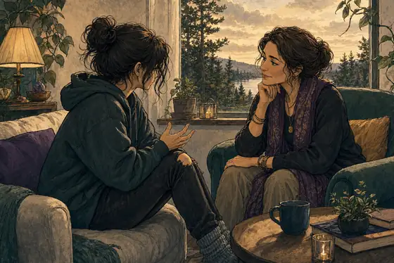 Illustration : deux personnes en conversation attentive, écoute bienveillante